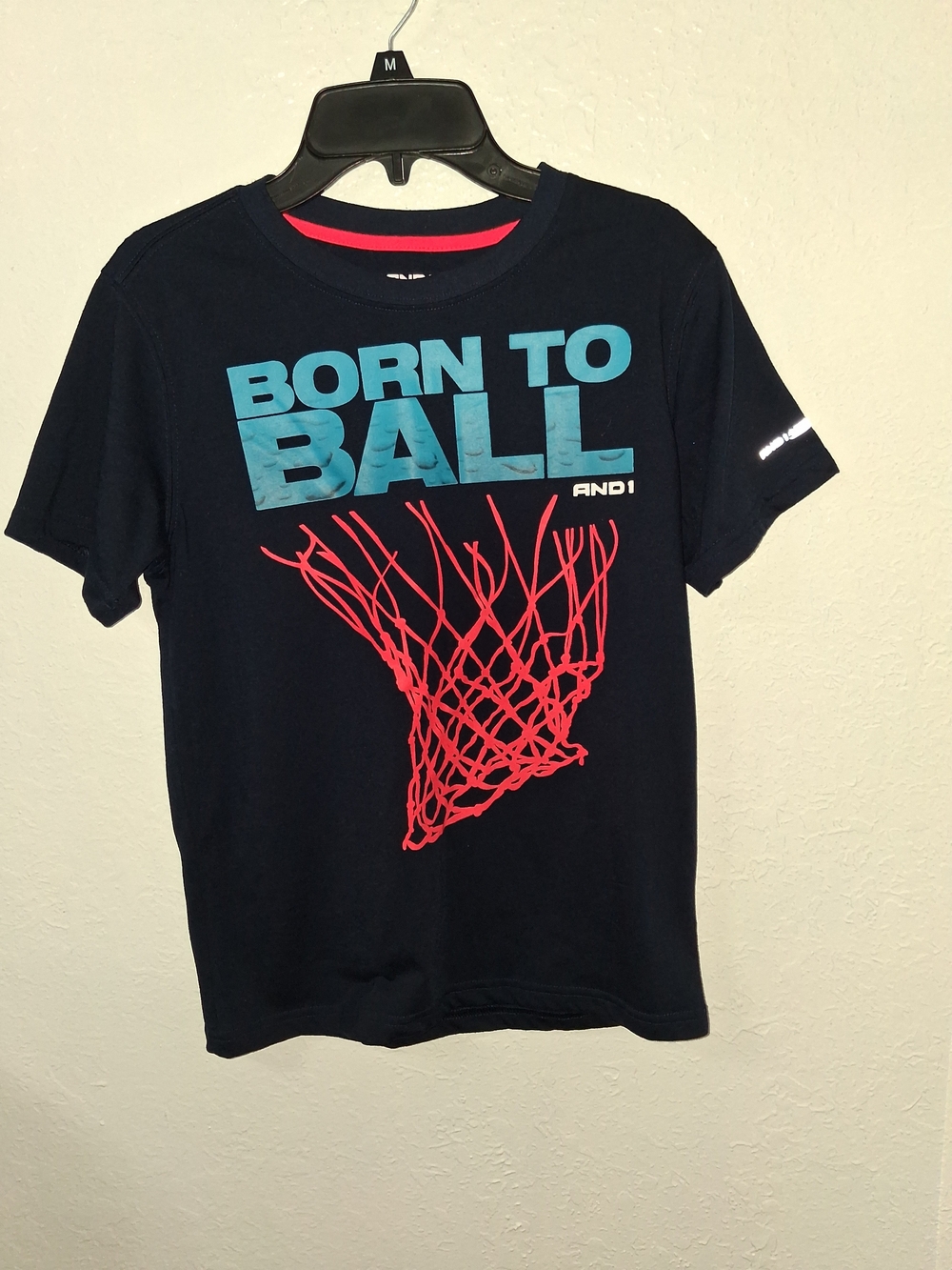 AND1 Navy Tee with Blue 'Born to Ball' Graphic and Red Net